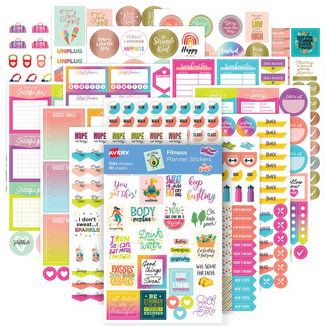 Avery Fitness Planner Stickers Pack, 1,362 Stickers, Health and Fitness Sticker Sheets (6787)